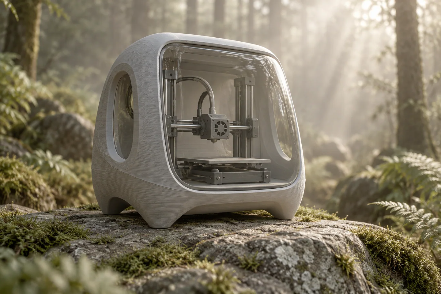 Printerdomes: Enclosure concepts for creative workspaces. — AI-generated concept